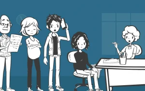 Animated characters at a job interview