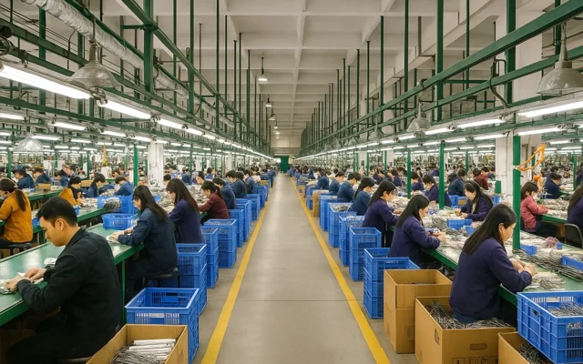 Rows of workers in a large textile factory