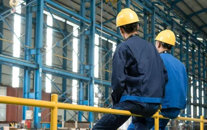 Two workers in hard hats in a warehouse