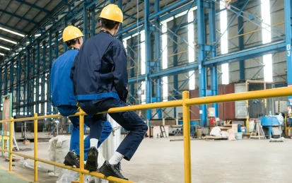 Two male factory workers sat talking to each other