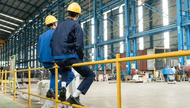 Two male factory workers sat talking to each other