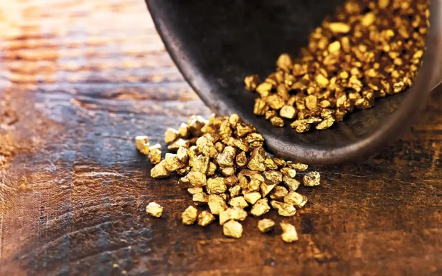A dish holding small gold nuggets
