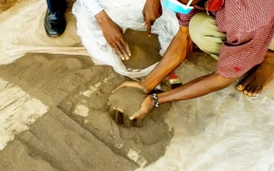 Workers looking through mined material