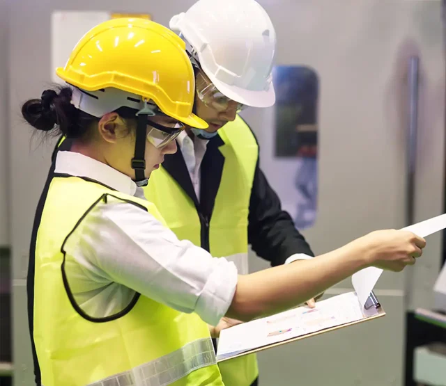 Two people in hardhats looking at a clipboard