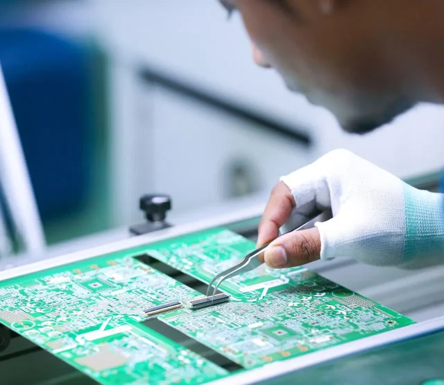 A worker building a circuit board